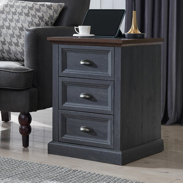 IFGET 21" Tall Nightstand with 3 Drawers, Farmhouse 18" Wide End Table with Charging Station, Wood Rustic Side Table, Small Dresser Chest of Drawers for Bedroom, Living Room, Closet, Dark Grey