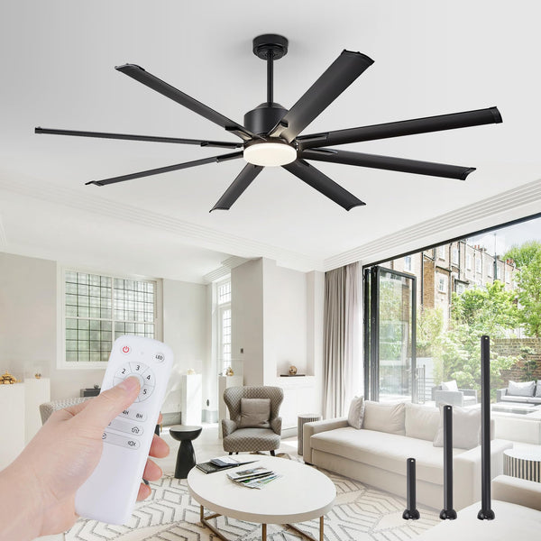 ZMISHIBO 72 inch Aluminium Blade Ceiling Fans with Lights and Remote, Outdoor Ceiling Fans for Patio Living Room with Quiet DC Motor, 6 Speed Reversible, 3 CCT, Black Industrial Ceiling Fan, 8 Blades