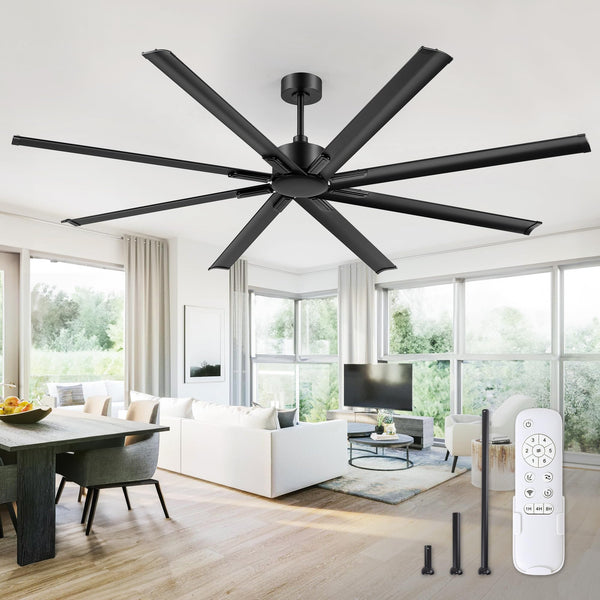 ZMISHIBO 84 Inch Industrial DC Motor Ceiling Fan, Large Ceiling Fan with 8 Reversible Blades, 3 Downrods, 6-Speed Remote Control, Home or Commercial Ceiling Fans for Porch/Garage/Shop, Black