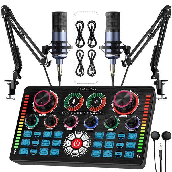 Podcast Equipment Bundle, Keten All-in-One Audio Interface DJ Mixer with 2 XLR Condenser Microphones, Recording Studio Kit Live Sound Card for Singing Broadcast/Live Streaming/Gaming/Voice Over