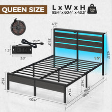 Rolanstar Bed Frame Queen Size with USB Charging Station, LED Bed Frame with Wood Storage Headboard, Black Metal Platform Bed with Under Bed Storage, No Box Spring Needed, Noise Free