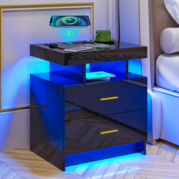 HNEBC LED Nightstand, RGB Black Night Stand with USB/Wireless Charging Station, Modern Bedside Table has Auto Sensor RGB Lights, End Side Table with 2 Drawer for Bedroom Furniture, Black