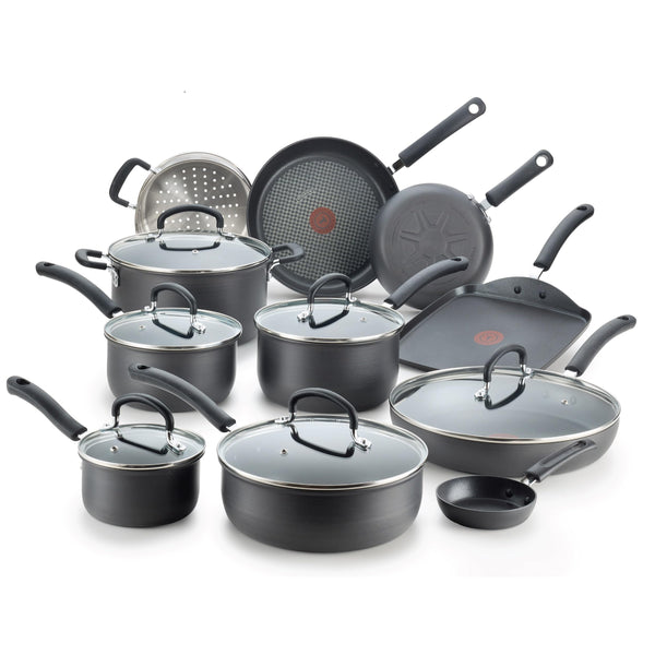 T-fal Ultimate Hard Anodized Nonstick Cookware Set 17 Piece, Oven Broiler Safe 400F, Lid Safe 350F, Kitchen Cooking Set w/Fry Pans, Saucepans, Saute Pan, Griddle, Pots and Pans, Dishwasher Safe Black