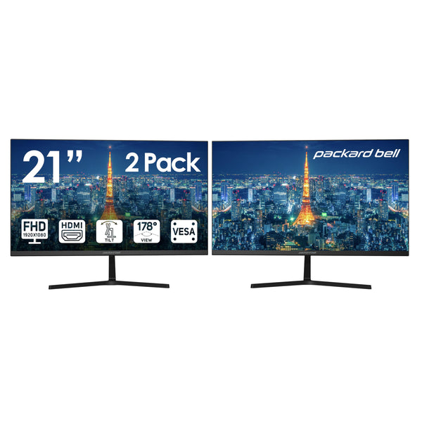 Packard Bell airFrame 21" FHD Monitor, 1920x1080, Ultrawide, VESA Mount, Tilt Adjust, HDMI/VGA, Slim Bezel, for Home, Office, and Light Gaming - 2 Pack