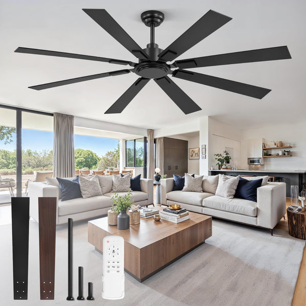 65 Inch Ceiling Fan No Light with Remote, Black Large Ceiling Fan Without Light with Quiet Reversible DC Motor, 6-Speeds, 8 Blades, Indoor/Outdoor Modern Ceiling Fans for Patios, Living Room, Garage