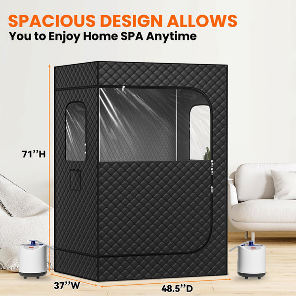 Urbansync 2 Person Sauna, Extra Large Sauna Box, Portable Steam Sauna Tent for Home with 2 1300W±10% Steamers, 2 Carpet, 2 Folding Chair and Remote Control, 71”x 49”x 37”, Black