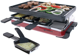 Swissmar Classic 8-Person Raclette Party Grill with Reversible Cast Iron Grill Plate/Crepe Top, Indoor Electric Raclette Grill & Griller - Red