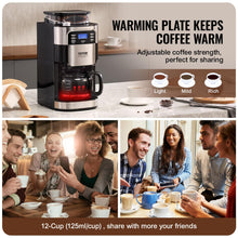 VEVOR Coffee Maker with Grinder, 12 Cup Coffee Machine, Grind and Brew Coffee Maker with 3 Brew Strength Control, 24-Hour Timer for Auto Brew, for Home Office Restaurant