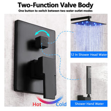 SKOWLL Shower Faucet Set Rainfall Shower Head LED Shower Faucet Overhead Shower System Black Shower Head and Handle Set Wall Mount 12 Inch with 2 Function Shower Valve Kit, Matte Black