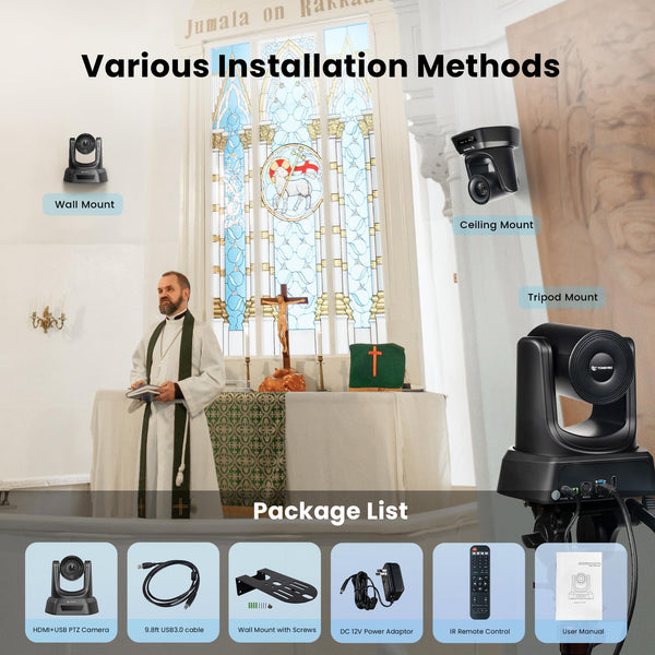 TONGVEO Conference Room PTZ Camera System with 20X Optical Zoom | 1080P 60fps HDMI USB Webcam for Church Streaming Online Video Conference| Compatible with Zoom, Skype, OBS | Easy Setup