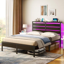 Rolanstar Bed Frame Queen Size with USB Charging Station, LED Bed Frame with Wood Storage Headboard, Black Metal Platform Bed with Under Bed Storage, No Box Spring Needed, Noise Free