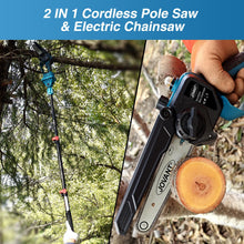 2-in-1 Cordless Pole Saw, Brushless Mini Chainsaw Cordless with Pole, 2 Pack 20V 4.0Ah Battery Powered Pole Saws for Tree Trimming, 15ft Reach Electric Saw for Trees With Pole