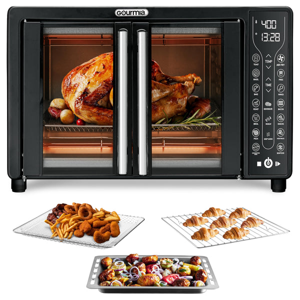 Gourmia Toaster Oven Air Fryer Combo 17 cooking presets 1700W french door digital air fryer oven 24L capacity accessories, convection rack, baking pan tray recipe book GTF7460,Large,Black