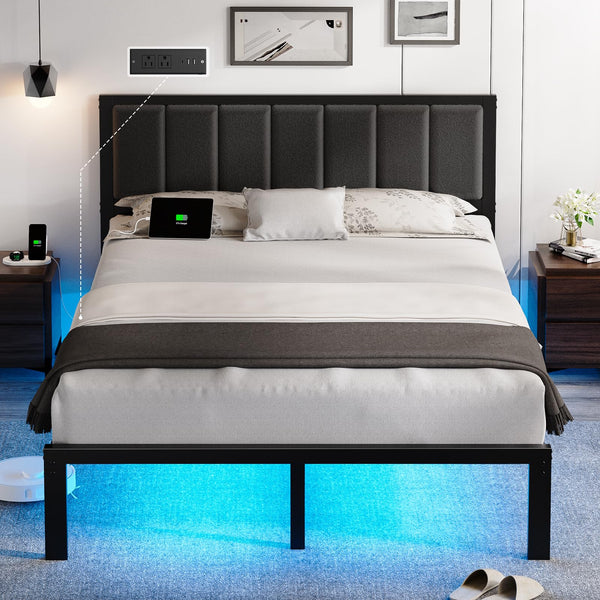 OLEVS Queen Bed Frame with Headboard Metal Platform Bed Queen Size with USB Charging Station and LED Lights, No Box Spring Needed