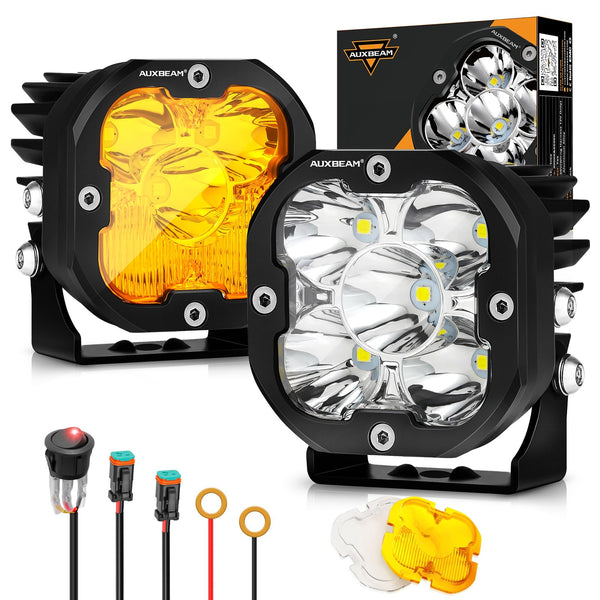 Auxbeam 3" 80W LED Pods Cube with Amber Covers, XP-Ultra Series 9600LM Yellow Fog Light Pods Offroad Driving Lights, Spot Flood Combo Amber Light Bar Off Road Lights Auxiliary Ditch Lights, Pair