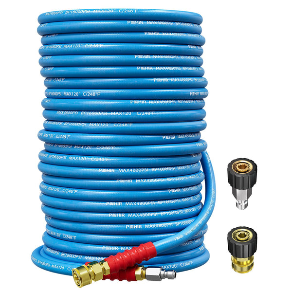 POHIR 100ft Pressure Washer Hose 3/8" 4800 PSI, Kink Resistant Industrial Grade Hose with Quick Connect Ends and Adapters for Hot & Cold Water up to 248°F, Steel Wire Braided Hose for Power Washing