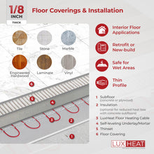 LuxHeat 70sqft Floor Heating Cable Kit - 120v Radiant Floor Heat System for Tile, Vinyl, Laminate - Electric Radiant Heated Flooring System Includes Electric Heating Cable, Strapping, Sensor & Alarm