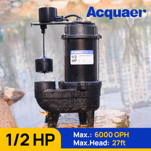 Acquaer 1/2HP Sump Pump Submersible, 6000 GPH Cast Iron Sewage Pump with Automatic Integrated Vertical Float Switch and Piggyback Plug, 2'' NPT Discharge Basements Pump for Sewers, Flood Zones