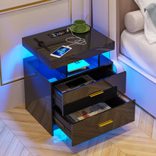 HNEBC LED Nightstand, RGB Black Night Stand with USB/Wireless Charging Station, Modern Bedside Table has Auto Sensor RGB Lights, End Side Table with 2 Drawer for Bedroom Furniture, Black