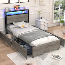 Kiivakii Twin Size Bed Frame with 4 Storage Drawers, LED Platform Bed with Headboard, Built in Charging Station, Noise-Free, Metal Support Base, No Box Spring Needed, Gray