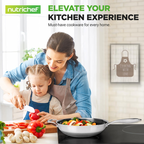 NutriChef 7-Piece Tri-Ply Stainless Steel Frying Pan Set & Wok – Nonstick, Induction Compatible, Oven Safe, Scratch-Resistant, Dishwasher Safe