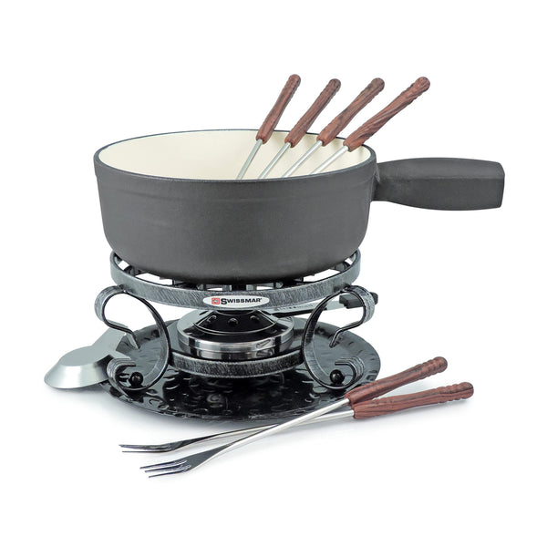 Swissmar Lugano Cast Iron Cheese Fondue Set, 9-Piece, 2 QT / 2 L - Ideal for Melting Cheese, Chocolates, Caramel, & More - Perfect for Kitchen Collection & Gift Giving - Matte Black