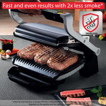 T-Fal OptiGrill Stainless Steel Electric Grill 4 Servings 6 Automatic Cooking Modes, Intelligent grilling rare to well-done 1800 Watts Nonstick Removable Plates, Dishwasher Safe, Indoor, Silver