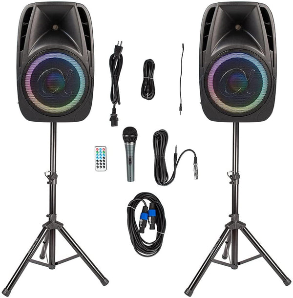 Pair Alphasonik All-in-one 12" Powered 1500W PRO DJ Amplified Loud Speakers with Bluetooth USB SD Card AUX MP3 FM Radio PA System LED Lights Karaoke Mic Guitar Amp 2 Tripod Stands Cable and Microphone