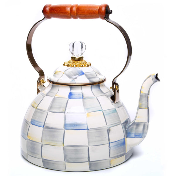 MACKENZIE-CHILDS Enamel Tea Kettle, Stylish Tea Kettle for Stovetop, Grey-and-White Sterling Check, 3 Quarts