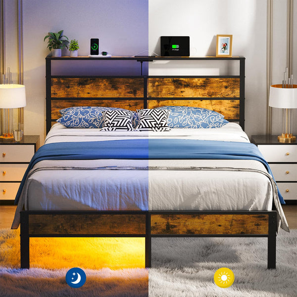 Queen Size Bed Frame with USB Type C Charging Station Headboard, Smart LED Lights, Metal Platform Noise Free, No Box Spring Needed, Easy Assemably