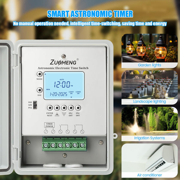 Zuomeng 2-Circuit 30Amp Astronomic Electronic Time Switch, Automated Weekly Scheduling, to-The-Minute Programming, Built-in Rechargeable Lithium Battery, IP65 Waterproof, Supports 120-277 VAC