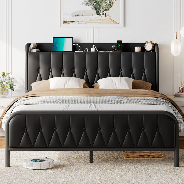 Feonase Leather Full Size Bed Frame with Fast Charging Station,Full Metal Platform Beds with Upholstered Headboard & Footboard,12" Underbed Storage Space,Easy Assembly,Noise-Free,Black