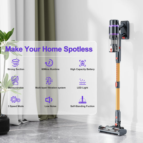 Cordless Vacuum Cleaner, 550W 48Kpa Vacuum Cleaners for Home with Removable Battery, Self-Standing Vacuum with Powerful Suction, LED Touch Display, Rechargeable Cordless Vacuum for Hardwood Floor