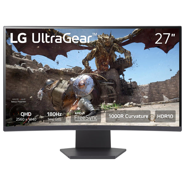 LG 27GS60QC-B Ultragear Curved Gaming Monitor 27-Inch QHD (2560x1440) 180Hz 1ms 1000R AMD FreeSync HDR10 HDMIx2 DisplayPort Borderless Design Black Stabilizer DAS Crosshair FPS Counter - Black