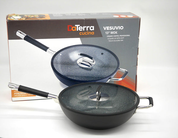 DaTerra Cucina 13” Nonstick Wok w/Lid | Made in Italy | PTFE, Cadmium, Lead and PFOA free proprietary nontoxic ceramic coating