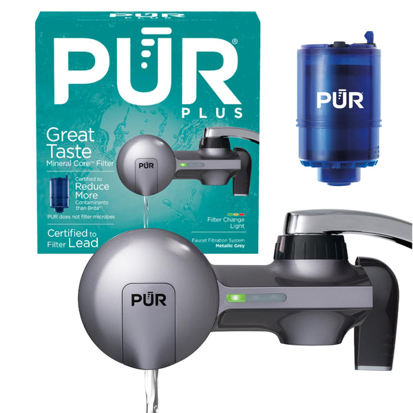 PUR PLUS Horizontal Faucet Mount Water Filtration System with 3-in-1 Lead Reducing Filter for Great-Tasting Filtered Tap Water, Lasts 100 Gallons, Metallic Grey