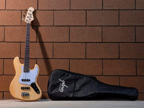 Monoprice Jamm Flamed Maple Electric Bass - Natural, with Gig Bag, 4 Strings, Double‑Cutaway Solid Body - Indio Series