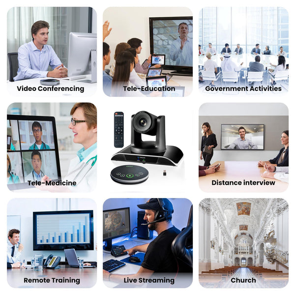 TONGVEO 10x Zoom Conference Room Video Camera System, All-in-One HD 1080P 60fps 10X Optical Zoom USB3.0 HDMI PTZ Camera and Bluetooth Conference Speaker with Microphones Bundle for Medium Room