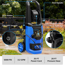 QIOMALA Electric Pressure Washer, 5000 PSI 3.2 GPM Adjustable Touch Screen, High Pressure Cleaning Machine with 35 FT Power Cord, 4 Nozzles, Hose Reel, Foam Cannon for Car/Patio/Garage