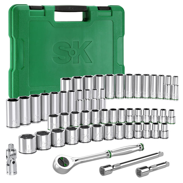 SK 3/8" Drive Socket Set with 160-P Ratchet, 55-Piece, SAE & Metric, SuperKrome Finish, Premium CR-V Construction, with Storage Suitcase