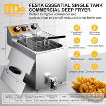 Festa Essential 14 Qt. Electric Countertop Commercial Deep Fryer with 6.8 Qt. Basket, for Restaurant and Home - 120V, 1700W, Stainless Steel Build