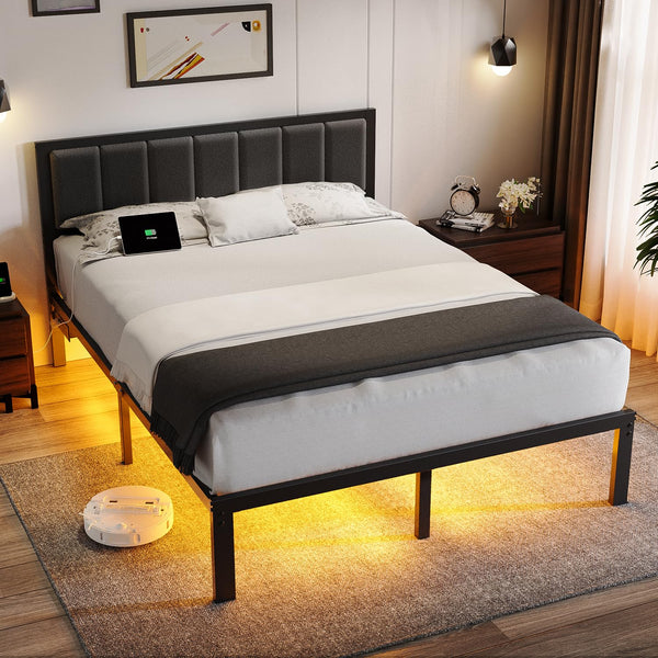 OLEVS Queen Bed Frame with Headboard Metal Platform Bed Queen Size with USB Charging Station and LED Lights, No Box Spring Needed