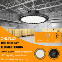 ONLYLUX 8 Pack LED High Bay Lights 200W, 30000LM 6500K UFO High Bay Led Shop Lights AC100-277V with Plug Industrial Warehouse Workshop Factory Barn Garage Area Lighting Fixture