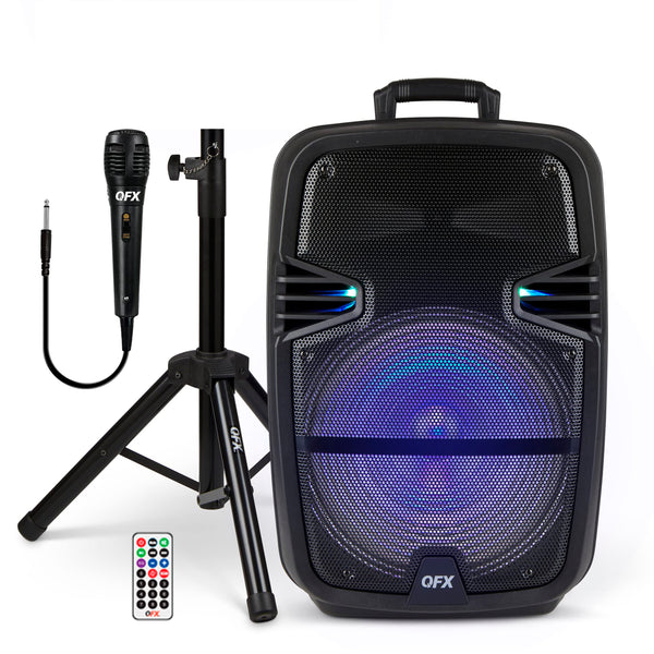 QFX PBX-616SM 15" Bluetooth Rechargeable Speaker with LED Lights, Mic and Stand, Black