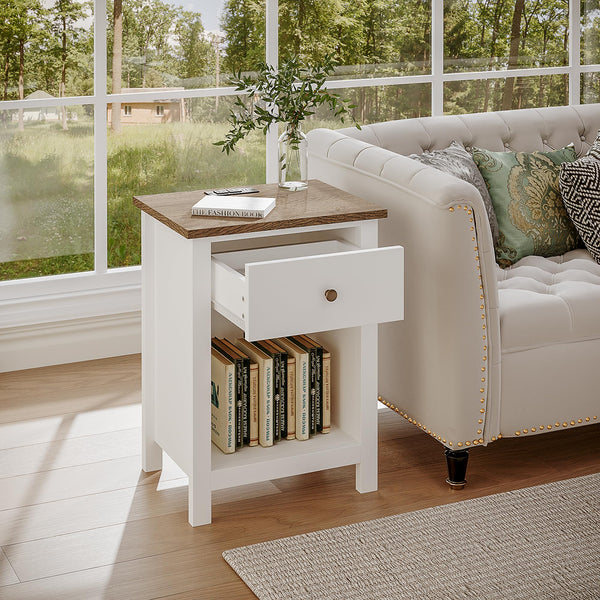 ChooChoo Farmhouse Nightstand Set of 2,Night Stand with Charging Station, Wooden Top Bedside End Table with Drawer and Storage Space for Bedroom, White