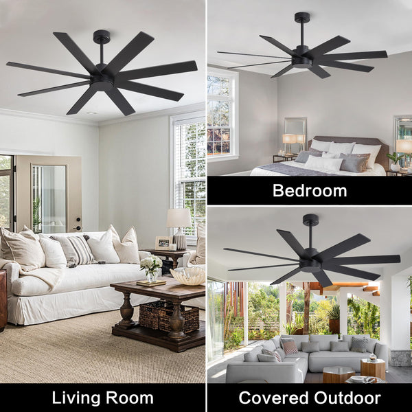 WINGBO 72" Large DC Ceiling Fans without Lights, 3 Downrods, 8 Plywood Blades, 6-Speeds Reversible DC Motor, Indoor Ceiling Fan No Lights for Bedroom Living Room Patio, Black