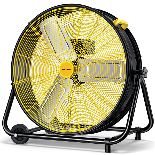 VAGKRI 24 Inch Industrial Drum Fan, 320W High Velocity Floor Fan, 3 Speed Heavy Duty Metal Air Circulator, 360° Tilt with Casters Handle ETL Standard for Patios, Warehouse, Commercial,Basement