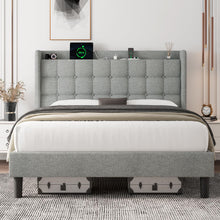 Feonase Full Size Bed Frame with Charging Station, Upholstered Platform Bed Frame with Wingback Storage Headboard, No Box Spring Needed, Easy Assembly, Light Gray