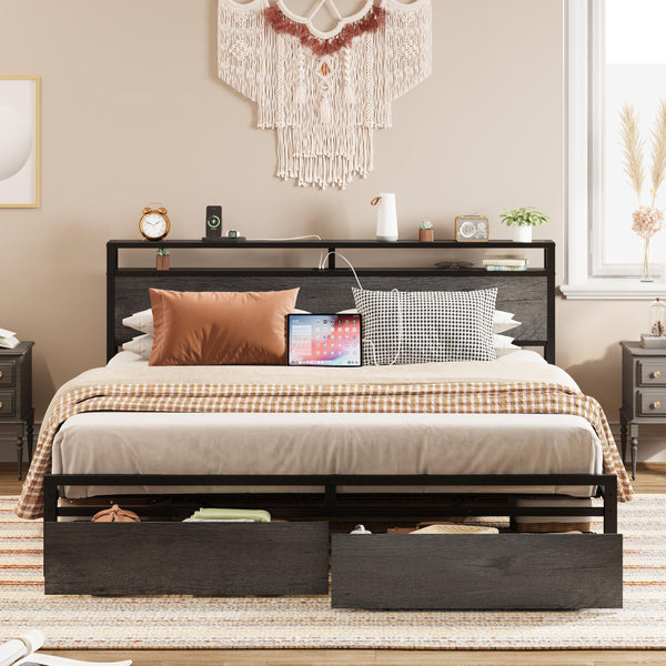 LIKIMIO King Bed Frame with Storage Headboard, Platform Bed with Drawers and Charging Station, No Box Spring Needed, Easy Assembly, Charcoal Grey