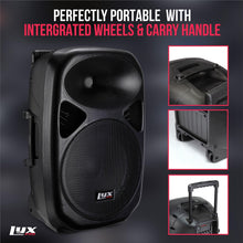 LyxPro 12 Inch Active PA Rechargeable Battery Speaker System, Bluetooth, MP3, USB, SD Card Slot, Foldable Carry Handle, Easy Carry Wheels-SPA-12 BAT